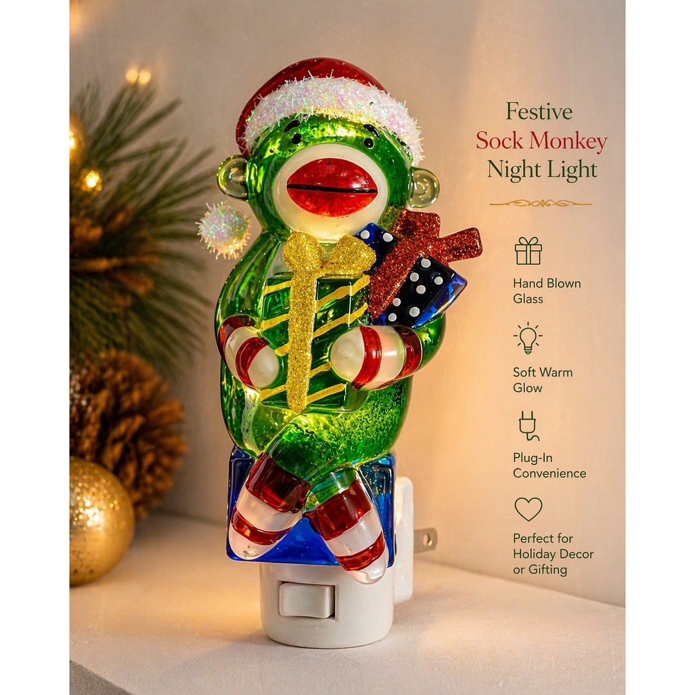St. Nicholas Square Festive Sock Monkey‎ Night Light Hand Blown Glass Christmas